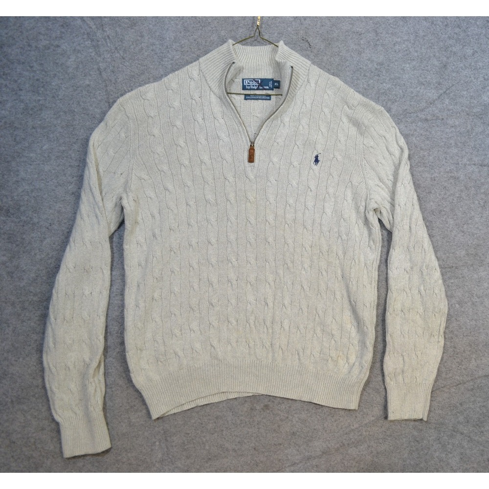 VTG Polo Ralph Lauren Sweater Mens XL Beige Silk 1/4 Zip Mock Cable Hong Kong